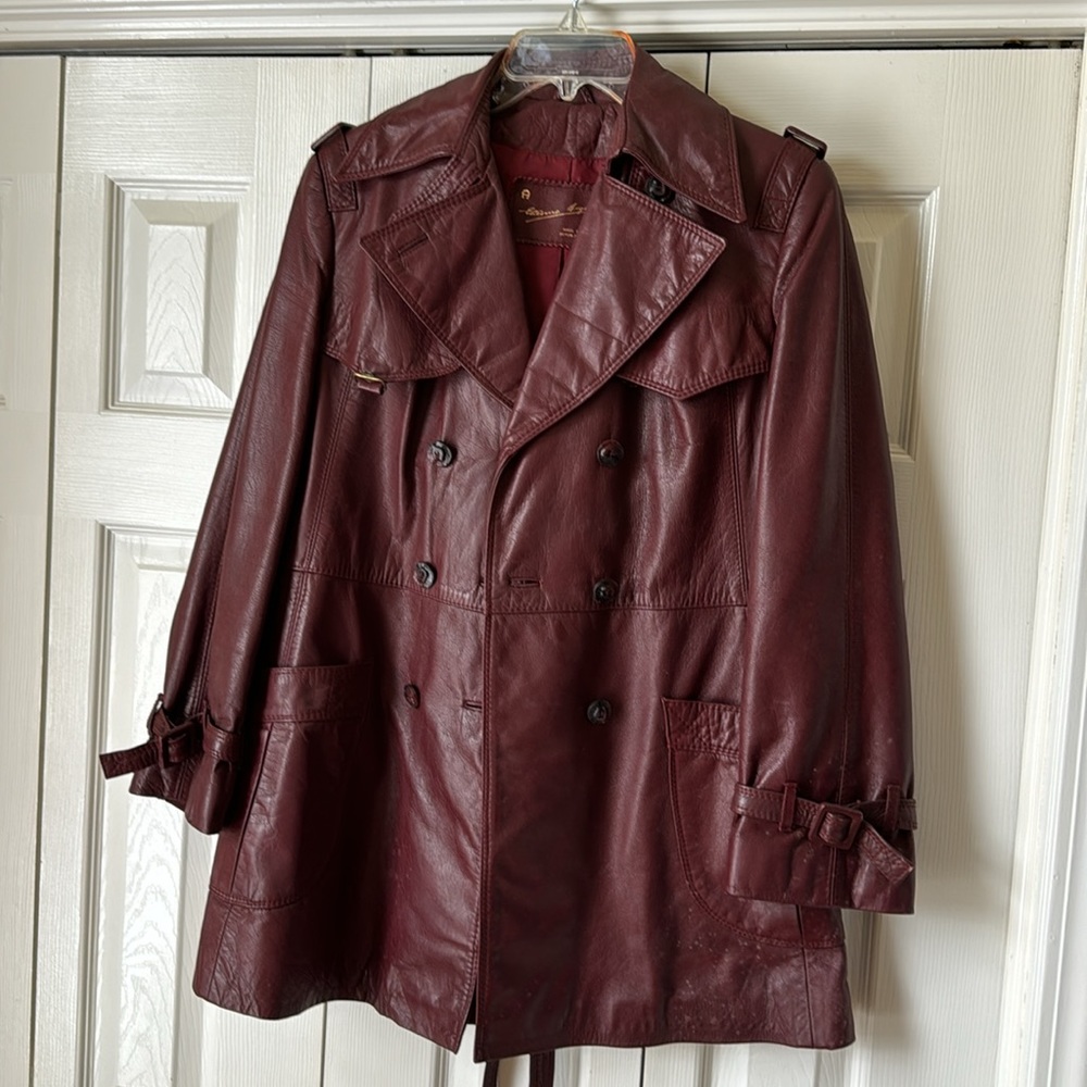 Vintage 1980s Etienne Aigner Oxblood Burgundy Belted Leather Jacket Sz 14 - Picture 5 of 7